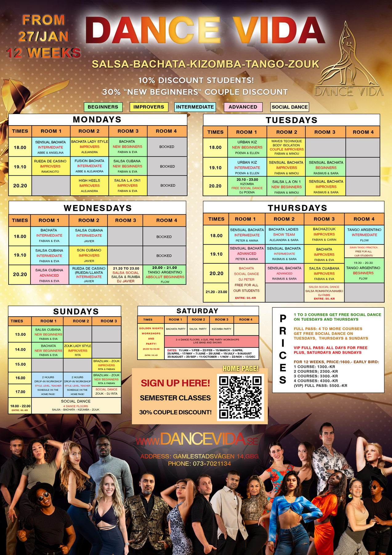 Schedule for Dance Vida’s 12-week semester classes starting 27/January, 2025, with many dance styles like Bachata, Salsa, Kizomba Zouk and Tango.